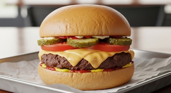 Hamburguesa americana con pan dorado, carne, queso fundido, tomate, pepinillos en rodajas, mostaza y kétchup, servida en una bandeja metálica sobre papel encerado con fondo borroso.