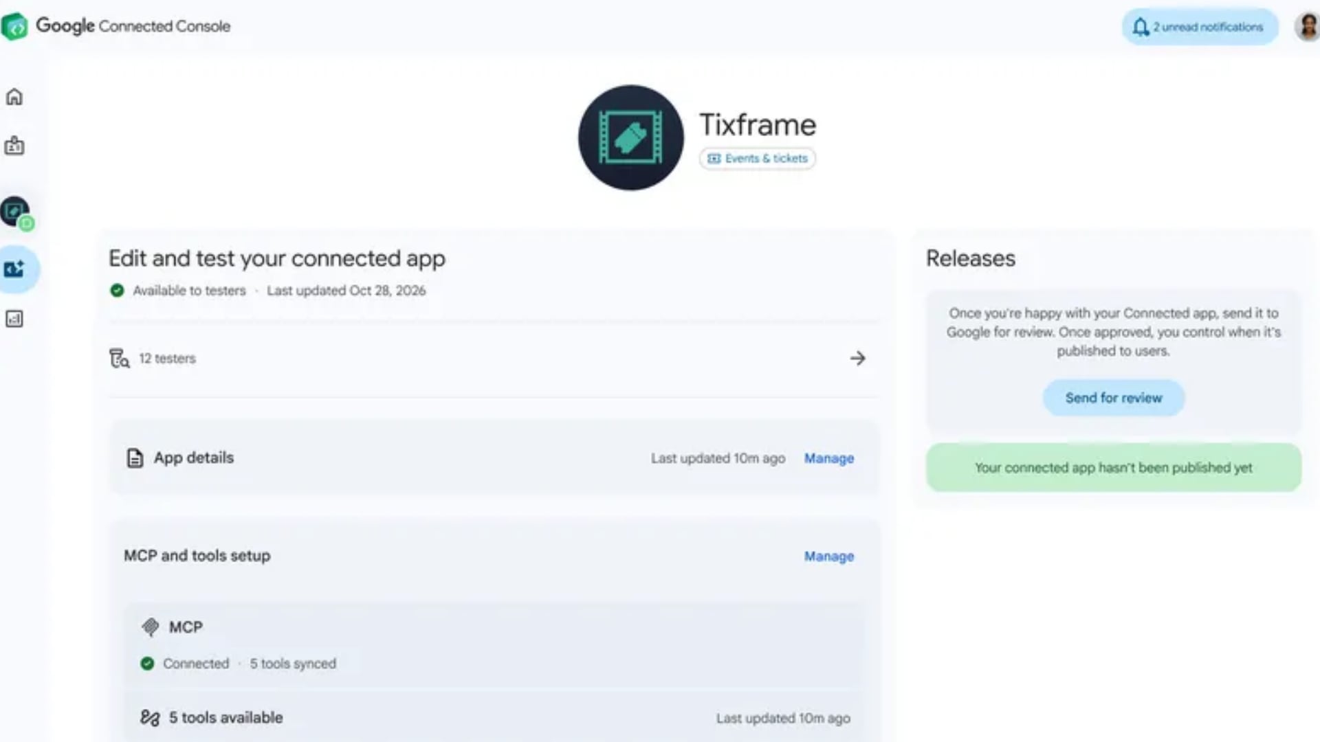 Interfaz de usuario de apps conectadas donde puedes editar y probar tu aplicación conectada. (Google)