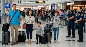 Familia de cuatro, incluyendo dos niños, camina por un aeropuerto con equipaje. Dos agentes uniformados de pie observan a la derecha.