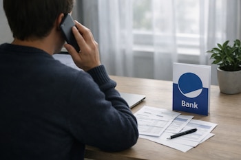Hombre de espaldas hablando por teléfono, frente a un portátil, documentos bancarios, bolígrafo, folleto de banco, planta y ventana con cortinas.