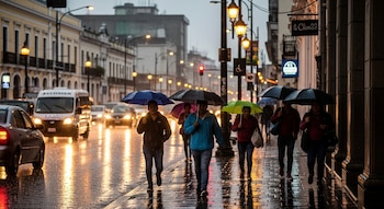 Varias personas caminan por una calle mojada bajo la lluvia con paraguas de diferentes colores, con vehículos y edificios de fondo en Ciudad de Guatemala.