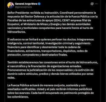 El ministro de Defensa, Jorge Eduardo Mora López, anunció inteligencia, control territorial, judicialización y extinción de dominio para desmantelar las redes ilegales - crédito @generaljmora / X