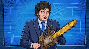 Caricatura del presidente Javier Milei con cabello oscuro y rizado, vistiendo traje azul y corbata, sosteniendo una motosierra oxidada con expresión preocupada sobre fondo azul con líneas.