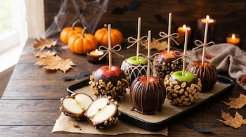 Manzanas cubiertas de chocolate y frutos secos con palitos de madera sobre una bandeja negra, rodeadas de calabazas pequeñas y hojas secas.