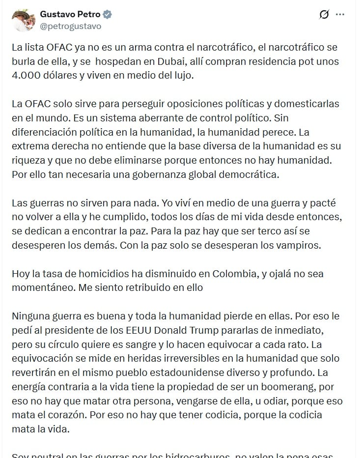 Petro se refirió en su publicación al magnicidio del senador y precandidato presidencial Miguel Uribe Turbay (Centro Democrático) - crédito @petrogustavo/X