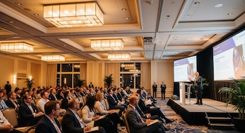 Un orador en un escenario de salón de hotel, dos pantallas de proyección con contenido y una audiencia atenta sentada en filas, plantas decorativas y ventanales.