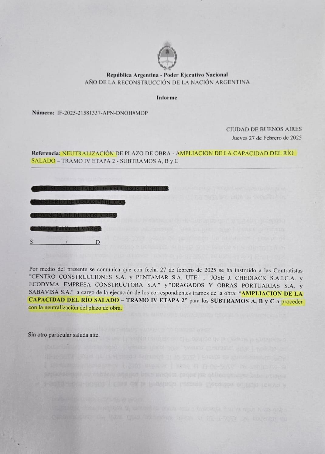 En febrero, se pauso la obra en la etapa dos del cuarto tramo en la cuenca del río Salado