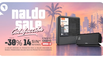 Texto grande 'naldo SALE Calefacción', 'hasta -30%', '14 sin interés', 'envío* gratis AMBA'. Una estufa a gas negra y un equipo de aire acondicionado negro