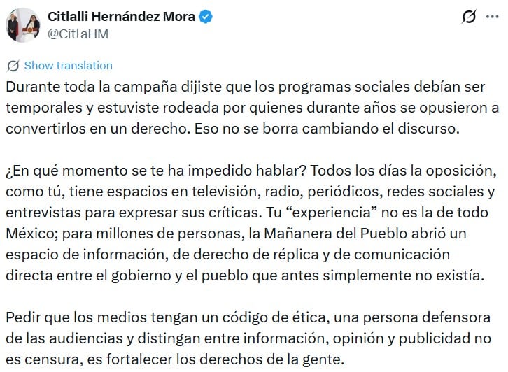 Gálvez advierte riesgo de censura por nuevas reglas para medios.