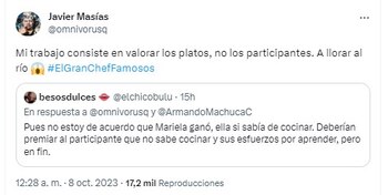 Javier Masías responde a usuario que cuestionó final de El Gran Chef Famosos. (Twitter)