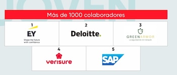 Gráfico con el texto Más de 1000 colaboradores y los logotipos de EY, Deloitte, Greenarmor, Verisure y SAP ordenados en casillas numeradas