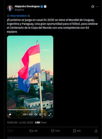 El presidente de la Confederación Sudamericana de Fútbol confirmó que el Mundial de 2030 tendrá 64 equipos-crédito @agdws/X