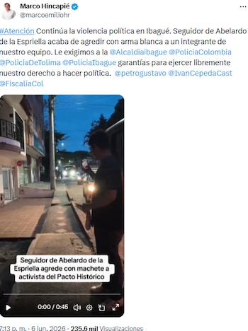 Marco Hincapié denunció agresión a su equipo y exigió garantías para campaña electoral en Tolima - crédito @marcoemiliohr/X