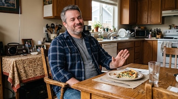 Un hombre sentado a una mesa de madera hace un gesto con la mano frente a un plato con una porción de tarta y un vaso con agua