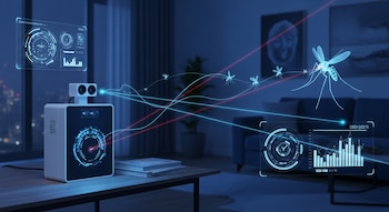 Una sala de estar oscura con un dispositivo blanco y negro sobre una mesa, emitiendo láseres azules y rojos hacia mosquitos voladores. Pantallas holográficas muestran datos.