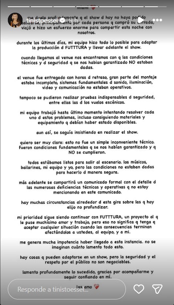 Captura de pantalla de una historia de Instagram con un texto en letras negras sobre fondo blanco de la cuenta verificada de Tini Stoessel
