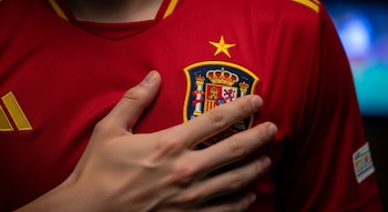 Mano de hombre sobre camiseta roja de fútbol con escudo de la Real Federación Española y una estrella dorada. Fondo azul claro desenfocado.
