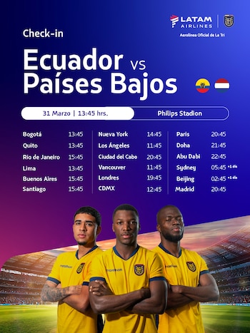 Gráfico promocional de fútbol mostrando a tres jugadores de Ecuador con camiseta amarilla, con el título del partido Ecuador vs Países Bajos y horarios de transmisión global