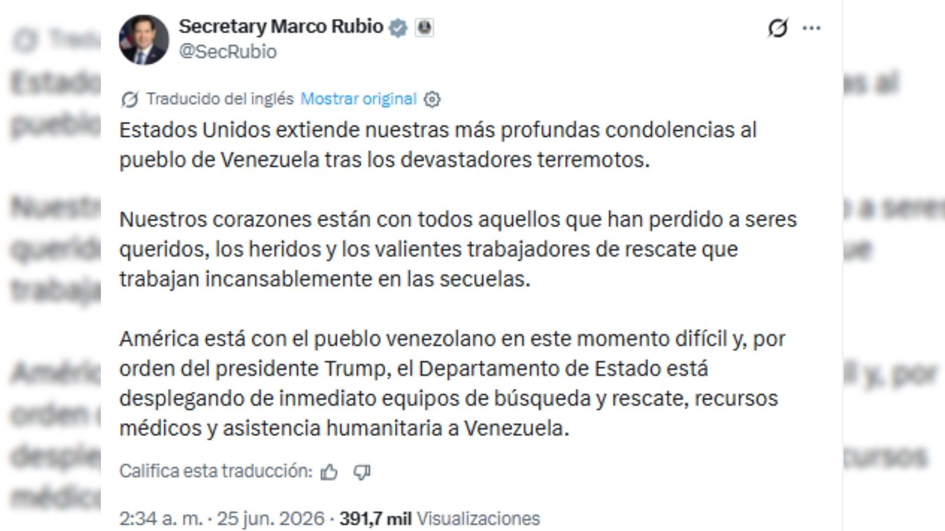 Un tuit del Secretario Marco Rubio detalla la asistencia humanitaria y las condolencias de Estados Unidos a Venezuela tras los terremotos (@SecRubio)