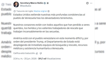 Captura de pantalla de un tuit del Secretario Marco Rubio con una foto de perfil, texto en español y el número de visualizaciones