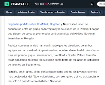 El informe de Team Talk sobre sobre el interés de equipos de la Premier League en contratar a Juan Manuel Rengifo de Atlético Nacional - crédito Team Talk