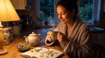 Mujer en bata sonríe sosteniendo taza humeante de infusión de diente de león en cocina acogedora. Sobre mesa de madera: tetera, hierbas secas, flores y un libro abierto.