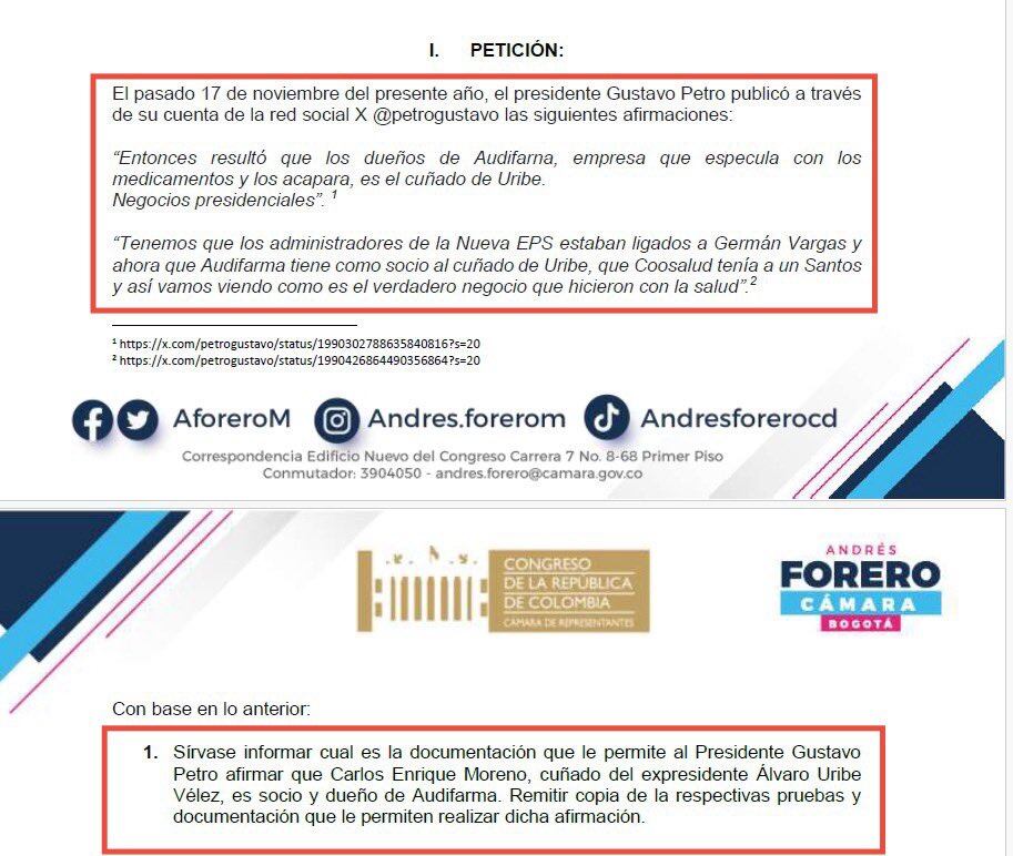 El legislador exigió al Gobierno nacional, mediante un derecho de petición, las pruebas documentales que respaldaran tal acusación - crédito @AForeroM/X