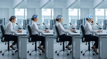 Quatro painéis de mulheres em laboratório, em frente ao monitor e ao microscópio. As luzes em seu cérebro indicam ativação. No último painel, ele está falando ao telefone.
