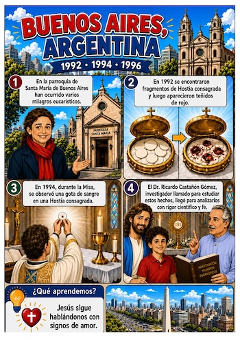 Infografía dividida en viñetas con textos explicativos, templos religiosos, el Obelisco de Buenos Aires y personas frente a hostias consagradas