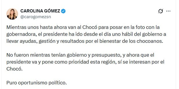 Vocera del gobiero de Abelardo cuestionó la visita de Iván Cepeda al Chocó - crédito @carogomezsn/X