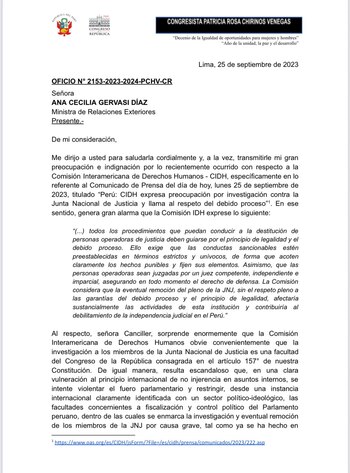 Patricia Chirinos remitió documento a
