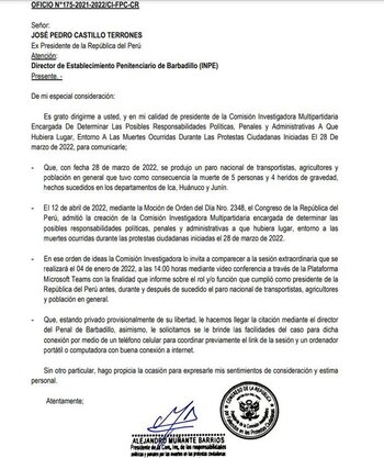 Oficio dirigido al expresidente Pedro