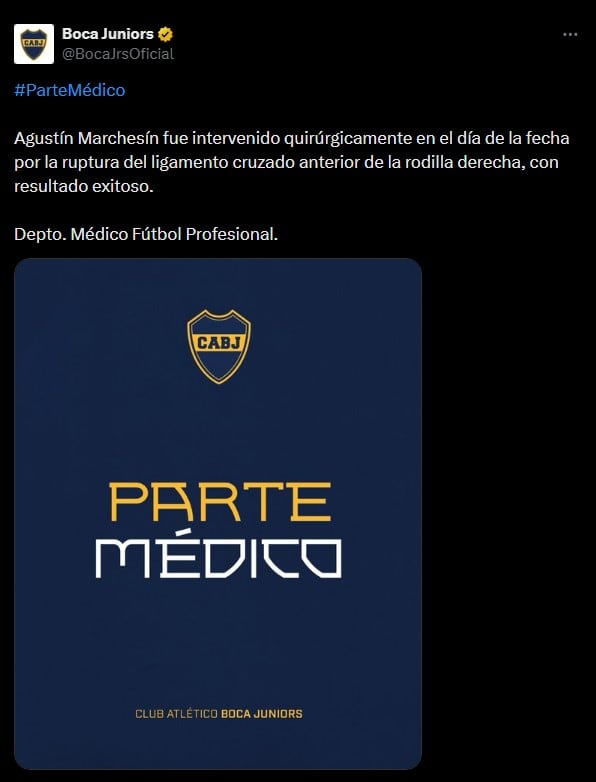 El parte médico oficial de Boca en el que informó sobre la intervención exitosa de Marchesín (@BocaJrsOficial)