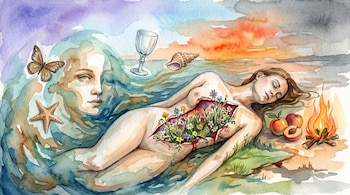 Pintura en acuarela de una mujer con flores en el torso, una fogata, melocotones, un rostro entre olas, una mariposa y conchas marinas.