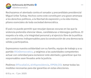 La Defensoría del Pueblo rechazó el atentado contra Miguel Uribe - crédito @DefensoriaCol/X