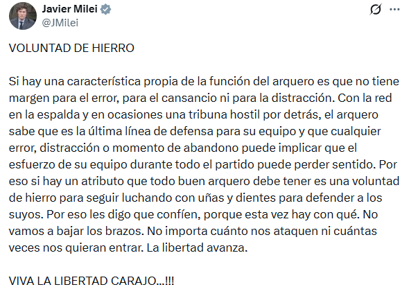 Tuit de Javier Milei publicado el jueves por la tarde, luego del dato de inflación del INDEC