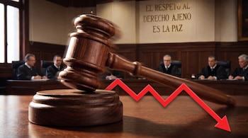 Un martillo de madera sobre una base redonda, un gráfico rojo de línea descendente, cinco hombres con togas oscuras y una inscripción dorada en la pared.