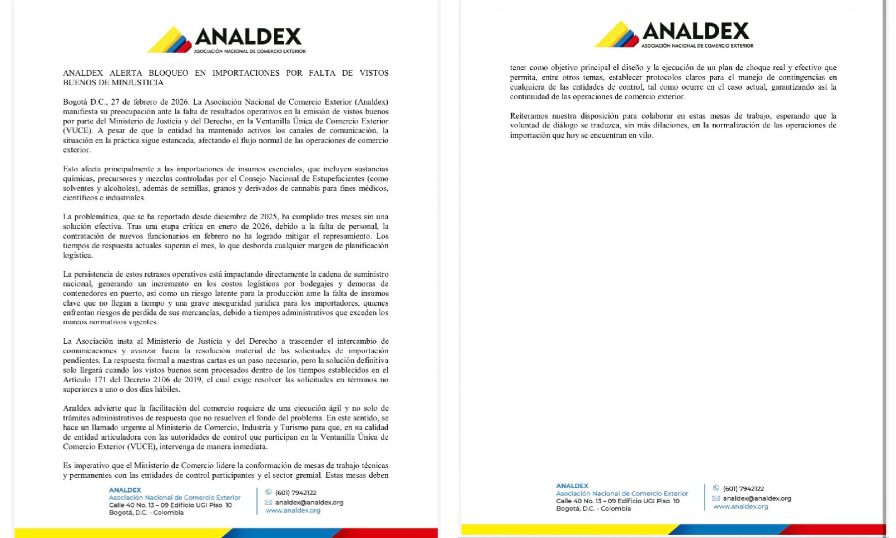 Analdex Colombia pidió al Ministerio de Justicia pasar de la contestación de comunicaciones a la resolución de la problemática - crédito @AnaldexColombia/X