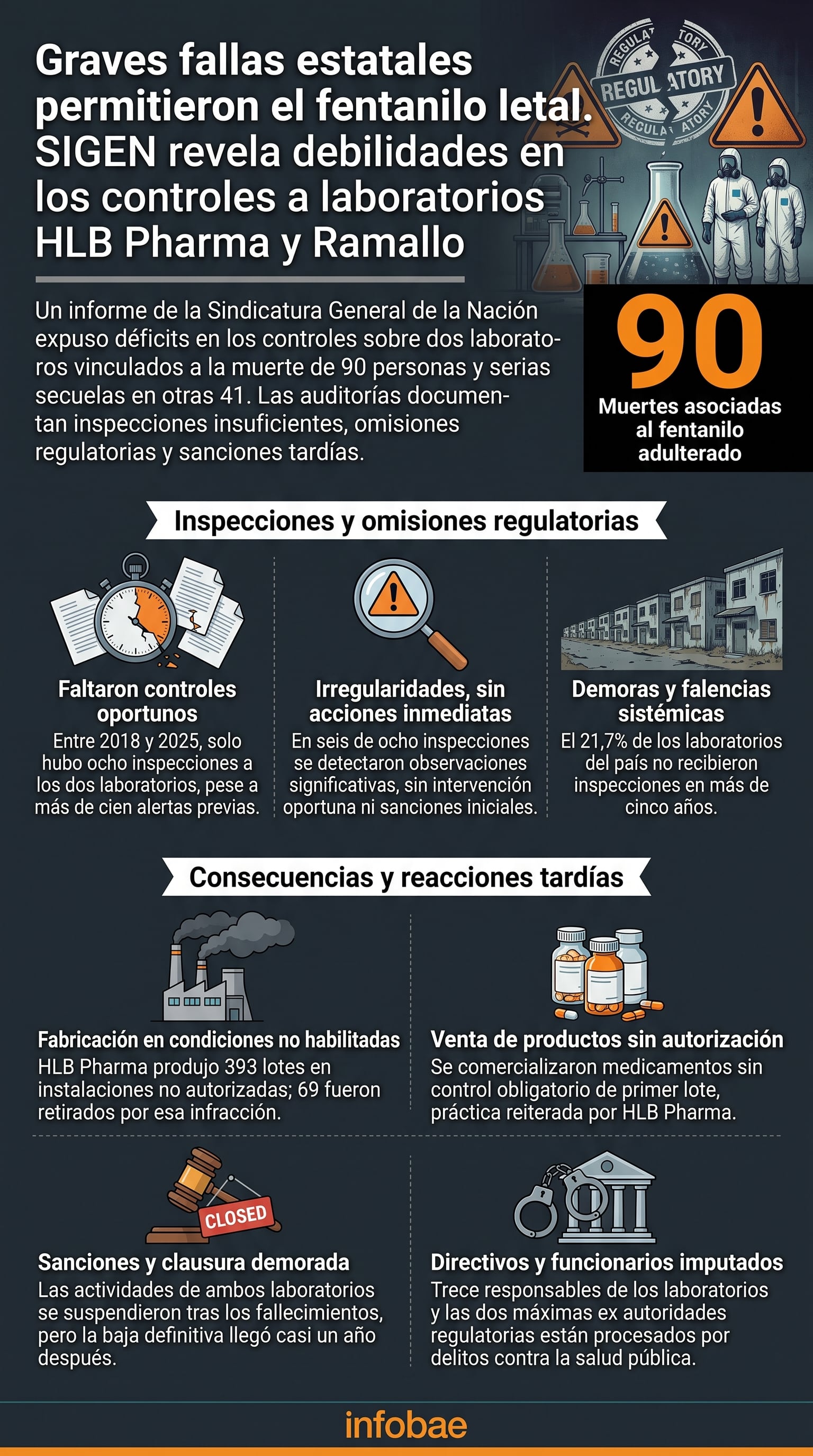 La infografía de Infobae detalla las fallas en los controles estatales de ANMAT e INAME a los laboratorios HLB Pharma y Ramallo, que permitieron el fentanilo adulterado y causaron 90 muertes en Argentina. (Imagen Ilustrativa Infobae)