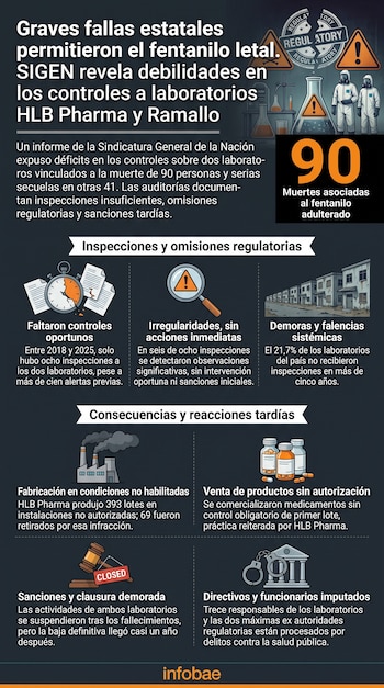 Infografía sobre fallas estatales y el fentanilo letal. Contiene título, 90 muertes, iconos de inspección, fábrica, medicamentos y sanciones para HLB Pharma y Ramallo.