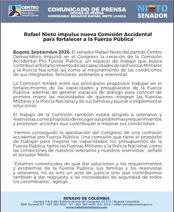 El Congreso aprobó la creación de la Comisión Accidental Pro Fuerza Pública, una iniciativa liderada por el senador Rafael Nieto Loaiza - crédito Centro Democrático