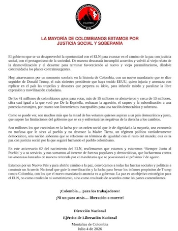 El Ejército de Liberación Nacional (ELN) dio por cerrada la posibilidad de avanzar con el gobierno de Gustavo Petro y planteó que la disputa política en Colombia entra en una etapa de confrontación con el presidente electo Abelardo de la Espriella, al que acusó de querer gobernar bajo la línea del presidente de Estados Unidos - crédito ELN
