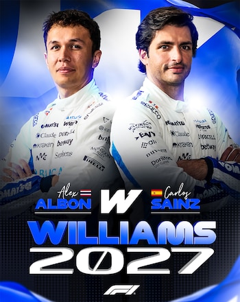 Dos pilotos de Formula 1, Alex Albon y Carlos Sainz, con trajes blancos con logos. Banderas de Tailandia y España. Texto Williams 2027, logo Formula 1