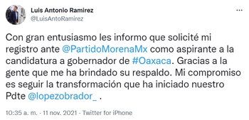 Luis Ramírez, director del ISSSTE, se postuló por la candidatura de Morena a la gubernatura de Oaxaca (Foto: Twitter@LuisAntoRamirez)