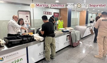 Autoridades federales detuvieron a una persona extranjera en el AICM que transportaba lienzos con narcóticos mezclados en la pintura. (Crédito: Semar)