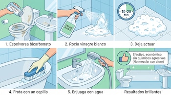 Secuencia de seis ilustraciones de limpieza de baño. Muestra: aplicación de bicarbonato, vinagre, tiempo de espera, cepillado, enjuague con agua y baño brillante.