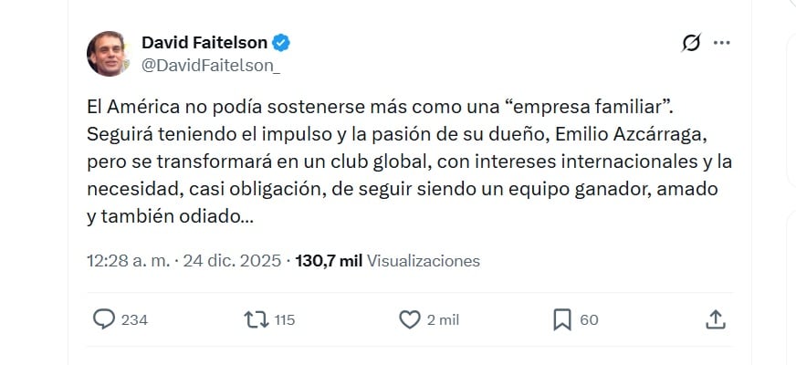 Faitelson analizó la venta parcial del América (X/ @DavidFaitelson_)