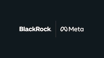 Logotipo de BlackRock en blanco, línea vertical blanca, logotipo de Meta con símbolo de infinito en blanco y la palabra Meta en blanco, sobre un fondo oscuro