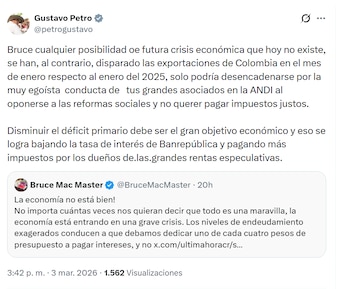 El presidente Petro señaló que la preocupación económica de Bruce Mac Master responde a la conducta de los grandes socios de la Andi - crédito @petrogustavo/X