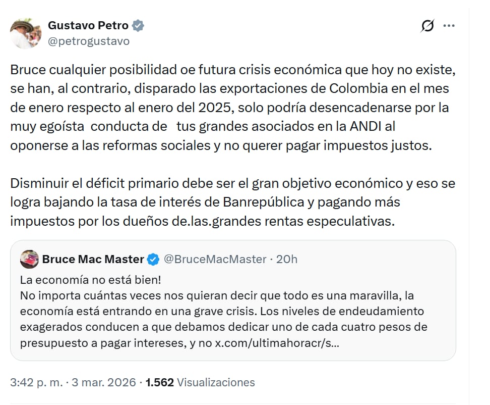Gustavo Petro, presidente de Colombia, y Bruce Mac Master, presidente de la Andi, han tenido varios encontronazos en redes sociales - crédito @petrogustavo/X